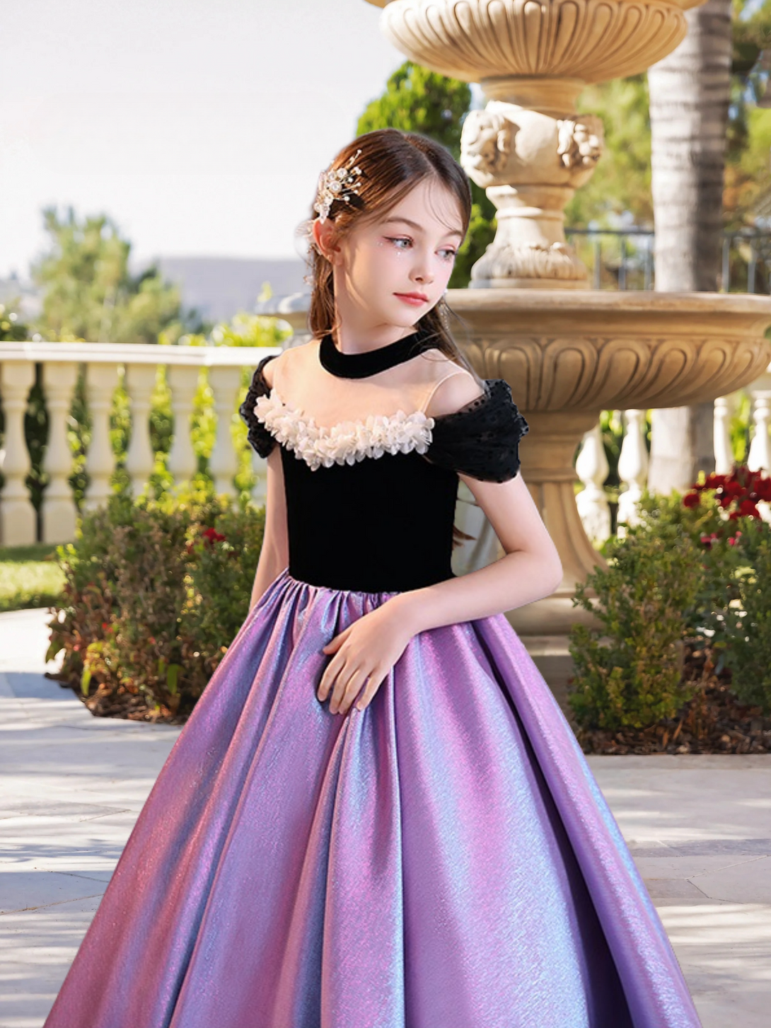 Ball Gown/Princess Halter Cold Shoulder Dazzling Floor-Length Satin/Tulle Girls Birthday Dresses With Ruffled Hem Gidiondress