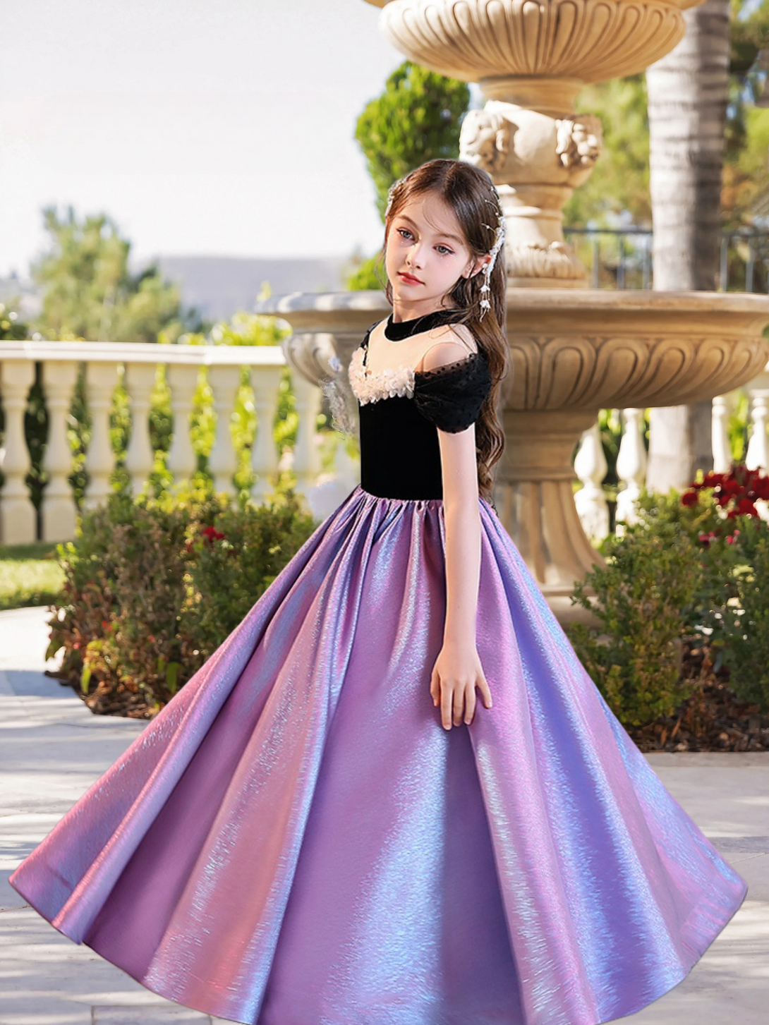 Ball Gown/Princess Halter Cold Shoulder Dazzling Floor-Length Satin/Tulle Girls Birthday Dresses With Ruffled Hem Gidiondress