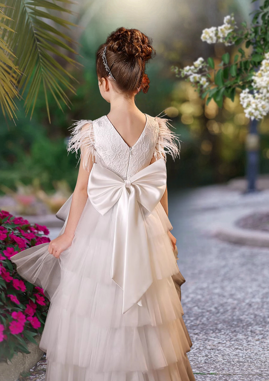 Flower Girl Dresses Scoop Neck Flutter Straps Floor-Length Lace/Tulle/Satin Girl's Cake Dresses With Bow/Belt Girls Gidiondress