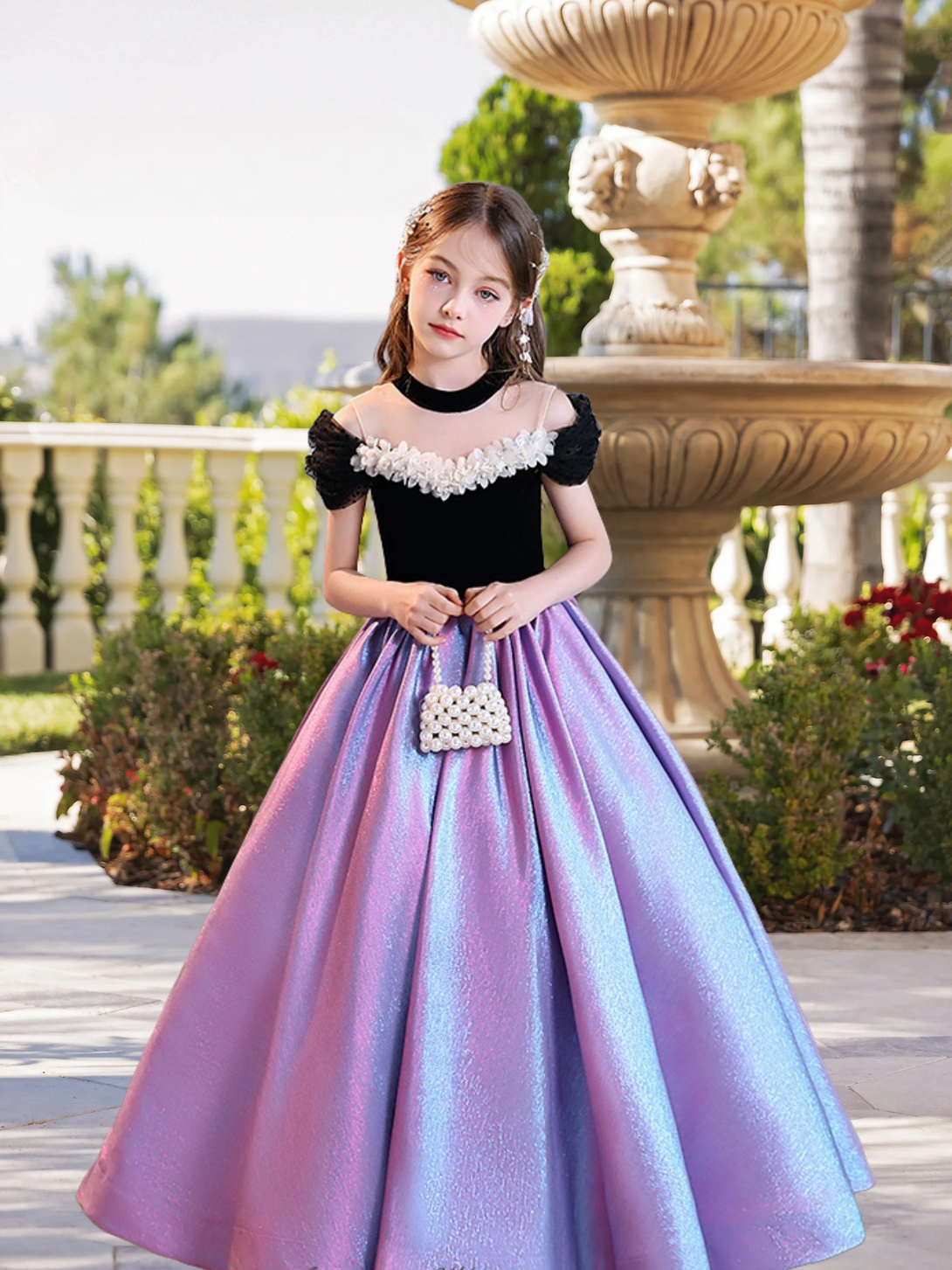 Ball Gown/Princess Halter Cold Shoulder Dazzling Floor-Length Satin/Tulle Girls Birthday Dresses With Ruffled Hem Gidiondress