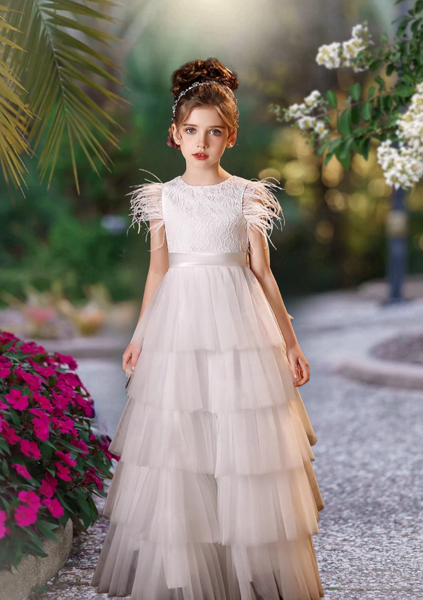 Flower Girl Dresses Scoop Neck Flutter Straps Floor-Length Lace/Tulle/Satin Girl's Cake Dresses With Bow/Belt Girls Gidiondress Ivory 12M