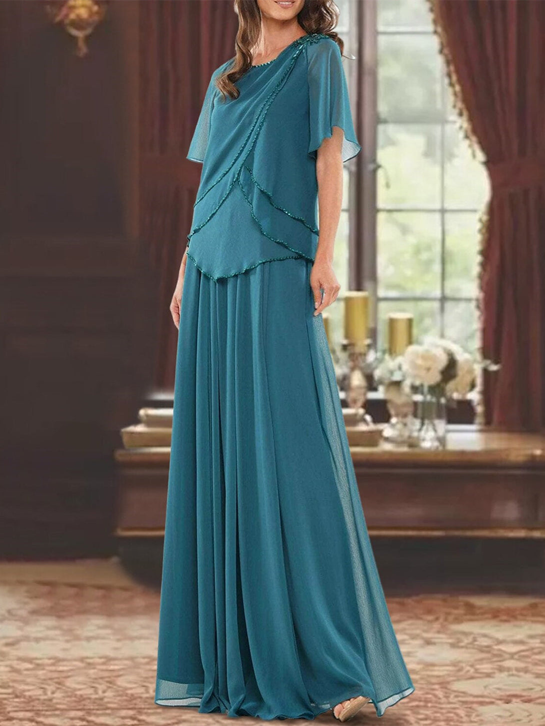 A-Line/Princess Jewel Neck Short Sleeves Floor Length Mother Of The Bride Dress With Pleats & Beading BabaMila