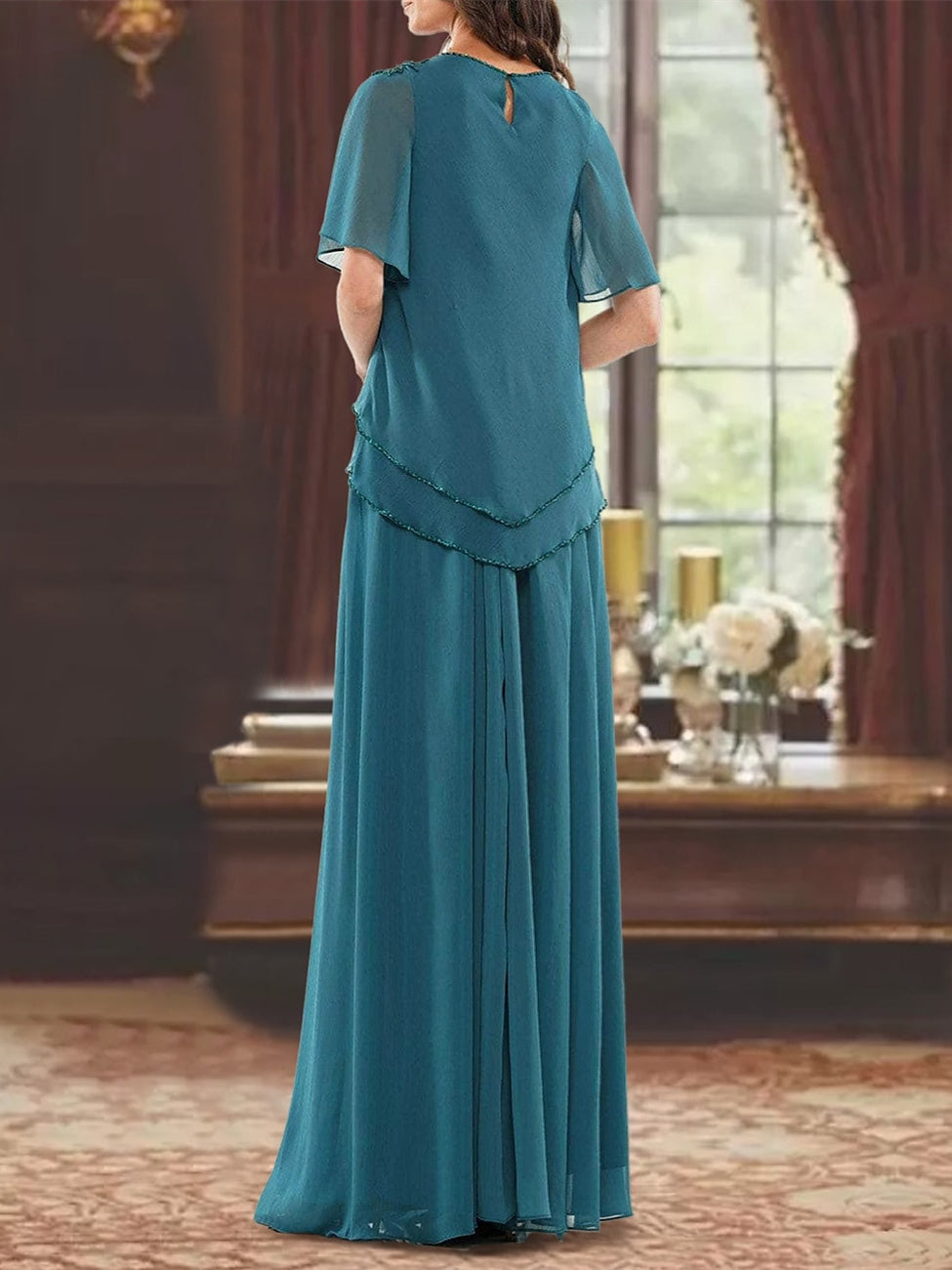 A-Line/Princess Jewel Neck Short Sleeves Floor Length Mother Of The Bride Dress With Pleats & Beading BabaMila