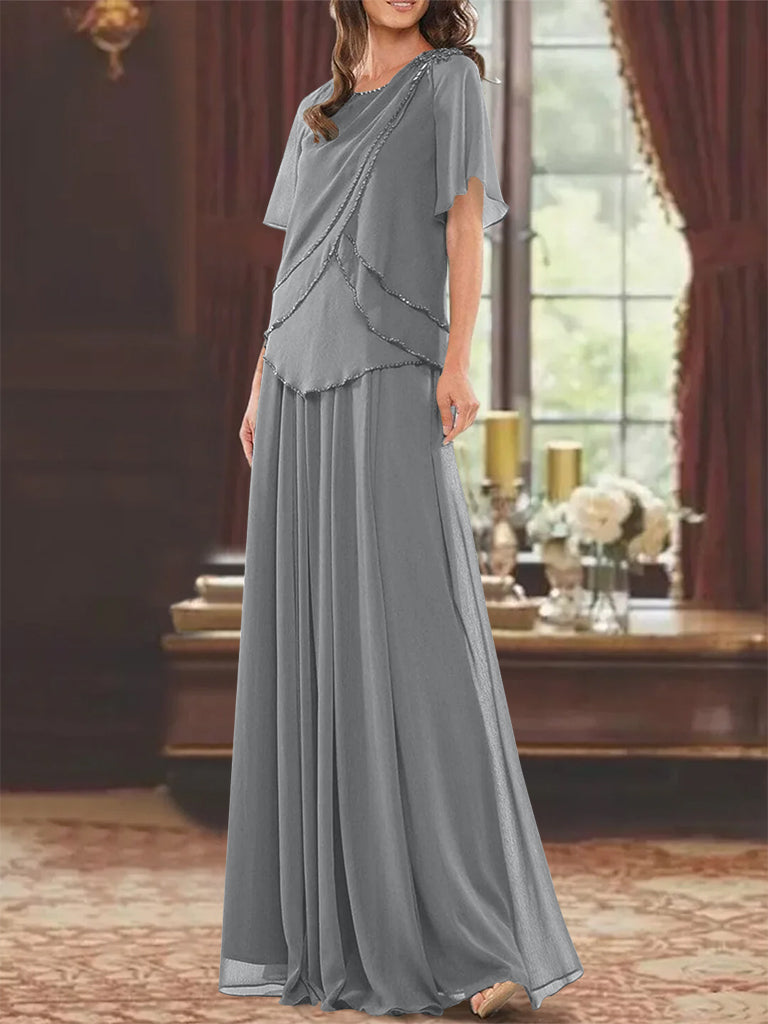 A-Line/Princess Jewel Neck Short Sleeves Floor Length Mother Of The Bride Dress With Pleats & Beading BabaMila