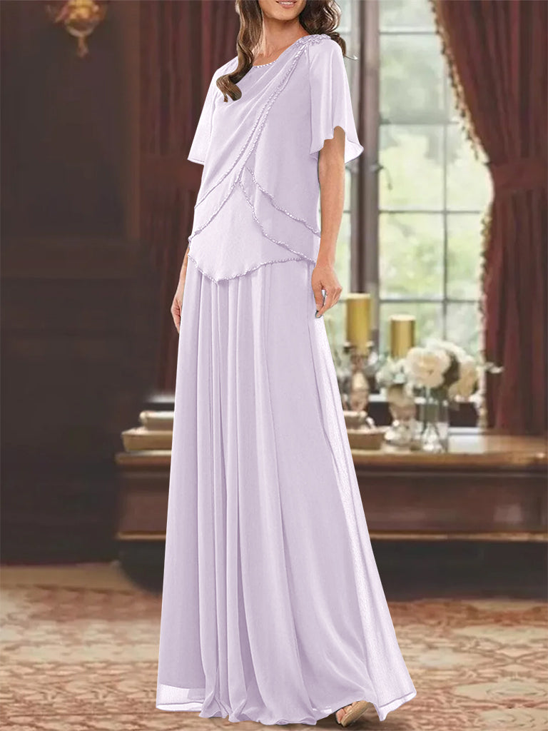 A-Line/Princess Jewel Neck Short Sleeves Floor Length Mother Of The Bride Dress With Pleats & Beading BabaMila