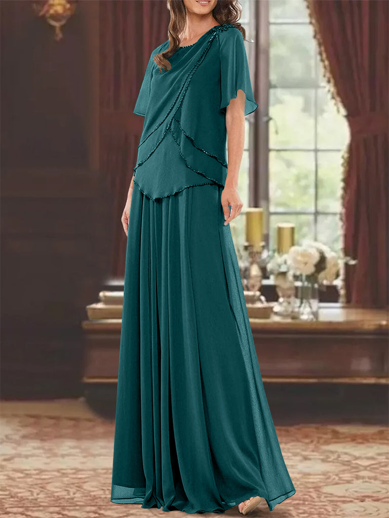 A-Line/Princess Jewel Neck Short Sleeves Floor Length Mother Of The Bride Dress With Pleats & Beading BabaMila