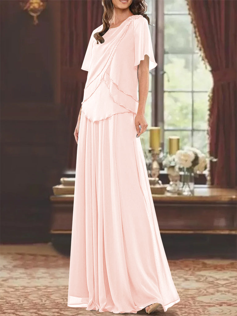 A-Line/Princess Jewel Neck Short Sleeves Floor Length Mother Of The Bride Dress With Pleats & Beading BabaMila