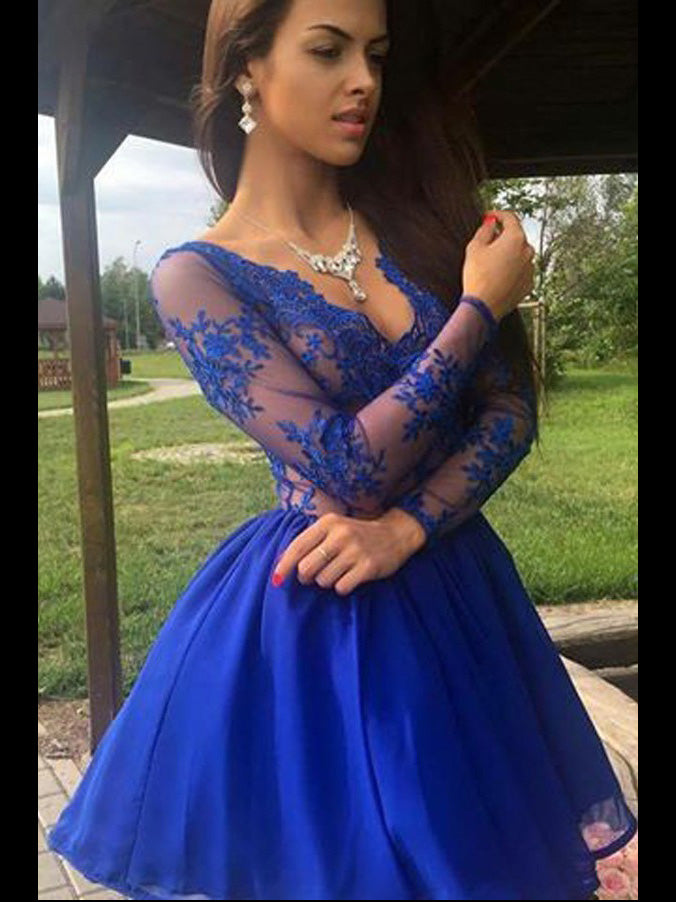 Royal Blue Homecoming Dress A-line V Neck Appliques Chiffon Short Prom Dress Party Dress Homecoming Dress BabaMila