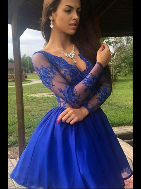 Royal Blue Homecoming Dress A-line V Neck Appliques Chiffon Short Prom Dress Party Dress Homecoming Dress BabaMila