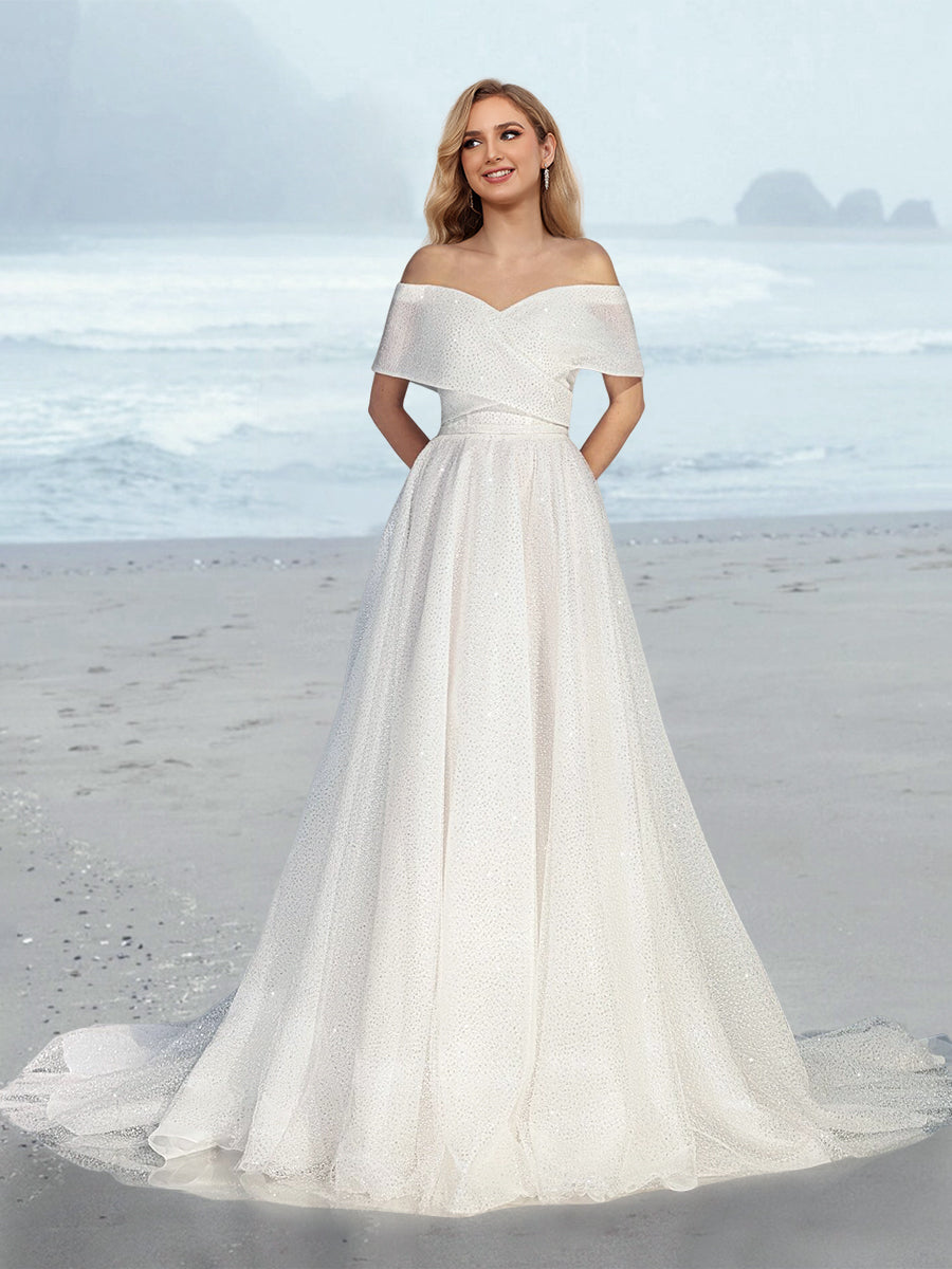 A-Line/Princess Off-the-Shoulder Sequins Floor-Length Wedding Dress BabaMila