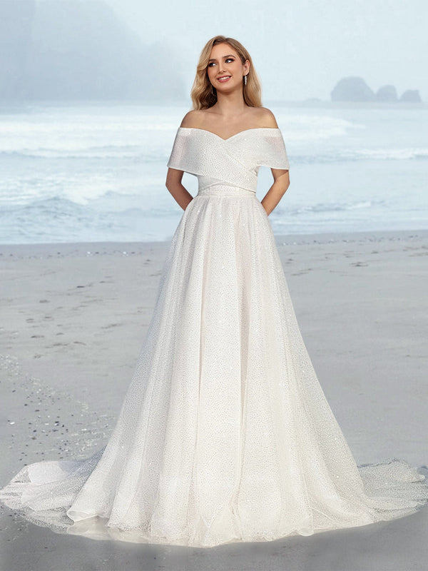 A-Line/Princess Off-the-Shoulder Sequins Floor-Length Wedding Dress BabaMila