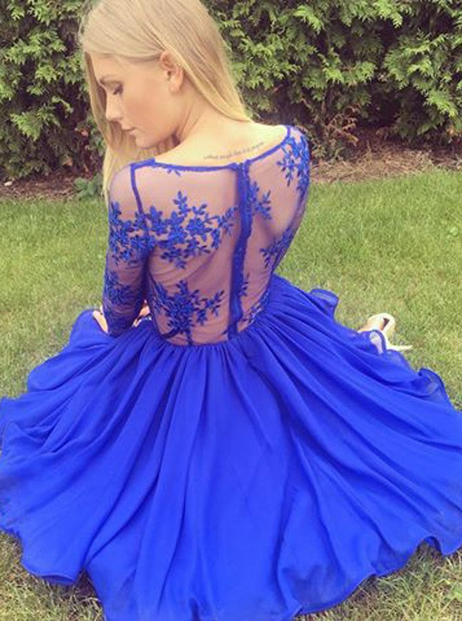 Royal Blue Homecoming Dress A-line V Neck Appliques Chiffon Short Prom Dress Party Dress Homecoming Dress BabaMila