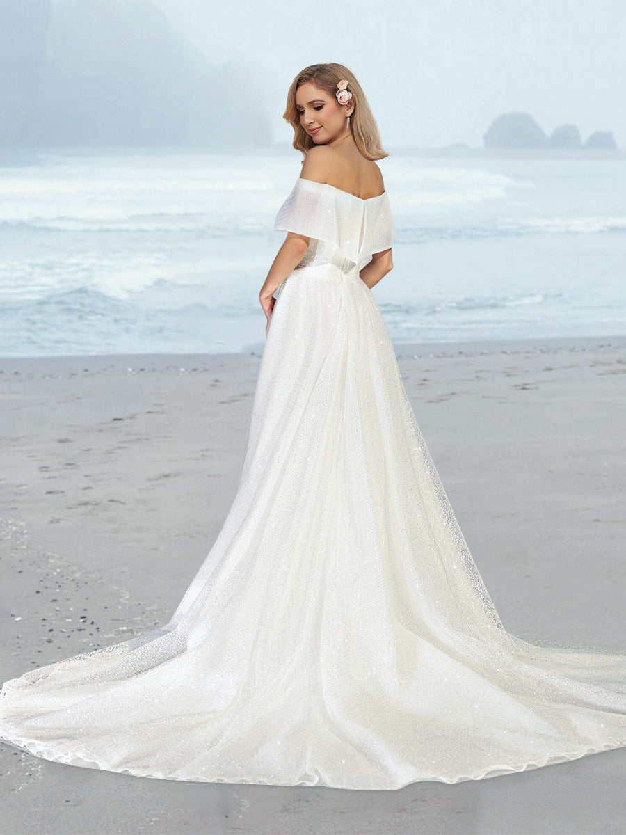 A-Line/Princess Off-the-Shoulder Sequins Floor-Length Wedding Dress BabaMila