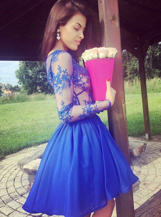 Royal Blue Homecoming Dress A-line V Neck Appliques Chiffon Short Prom Dress Party Dress Homecoming Dress BabaMila