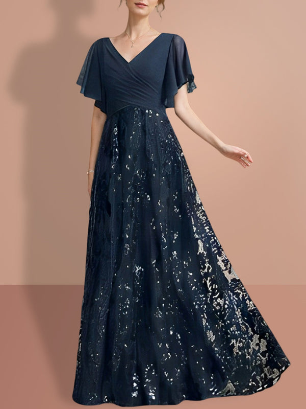 A-Line/Princess V-Neck Short Sleeves Floor-Length Mother Of The Bride Dresses With Sequins BabaMila