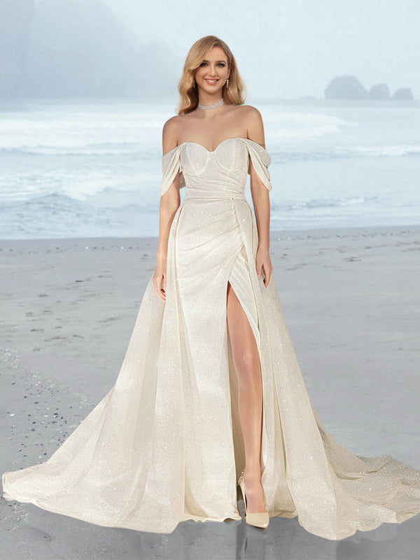 Sheath/Column Off-the-Shoulder Floor-Length Wedding Dress with Sequins/Split Side BabaMila