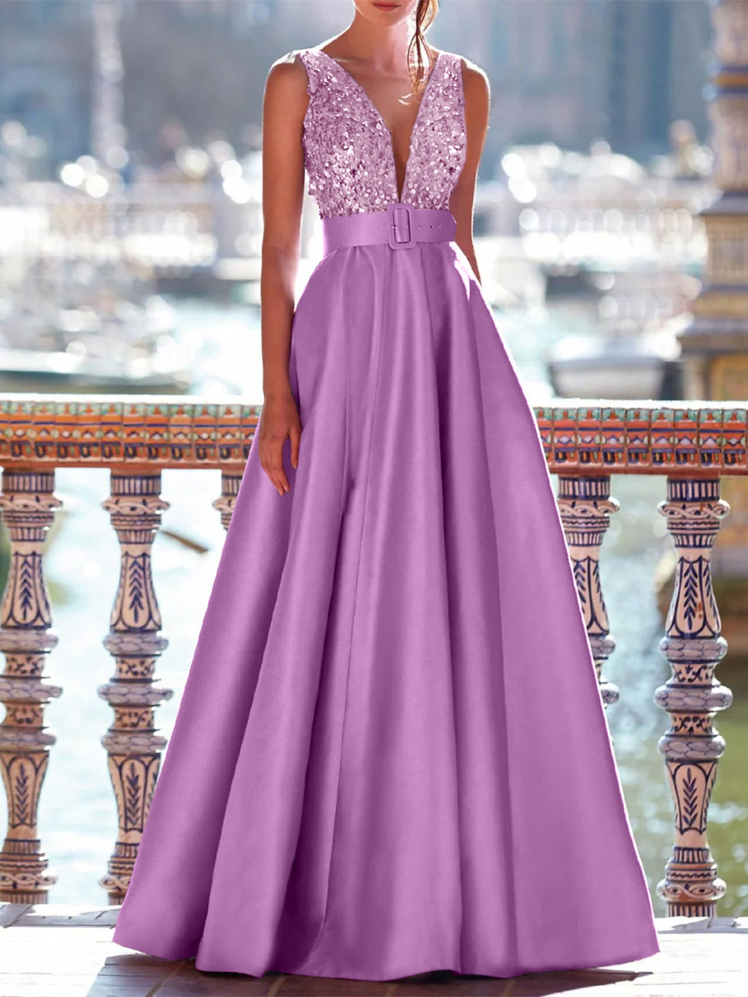 A-Line Floor Length Satin/Sequins Sleeveless V Neck Prom Dress Pocket Satin with Belt BabaMila