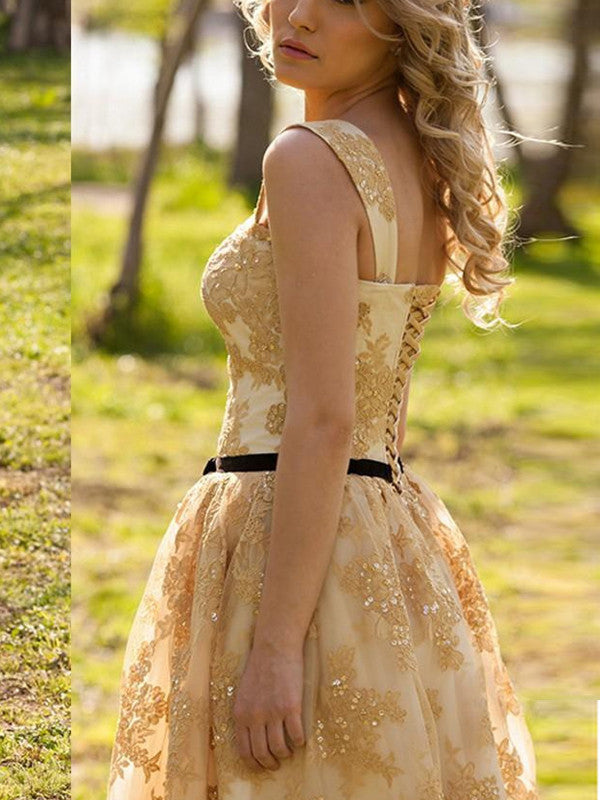 golden prom dresses A-line Straps Knee-length Tulle Homecoming Dress Short Prom dress Homecoming Dress BabaMila