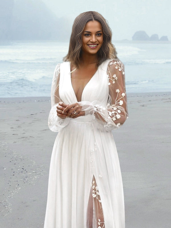 A-Line/Princess V-Neck Floor-length Wedding Dress With Split Side/Appliques BabaMila
