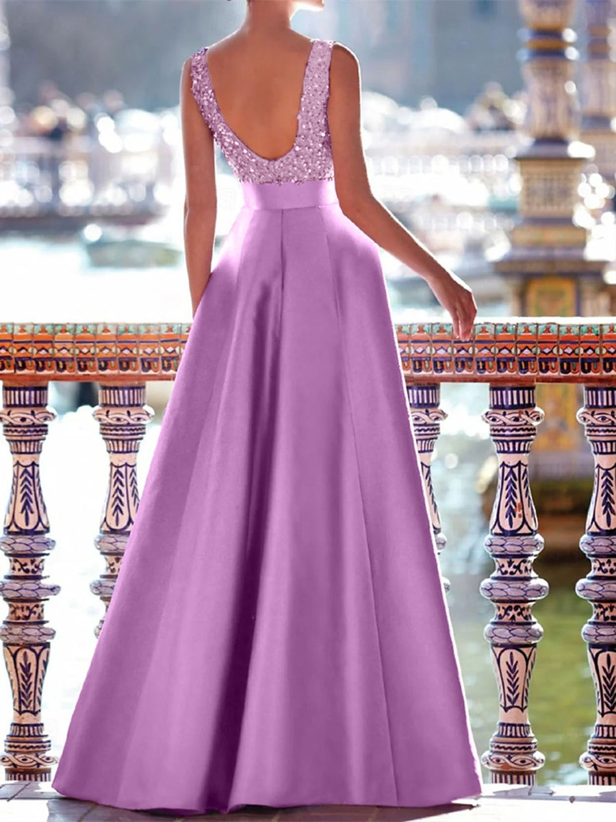 A-Line Floor Length Satin/Sequins Sleeveless V Neck Prom Dress Pocket Satin with Belt BabaMila