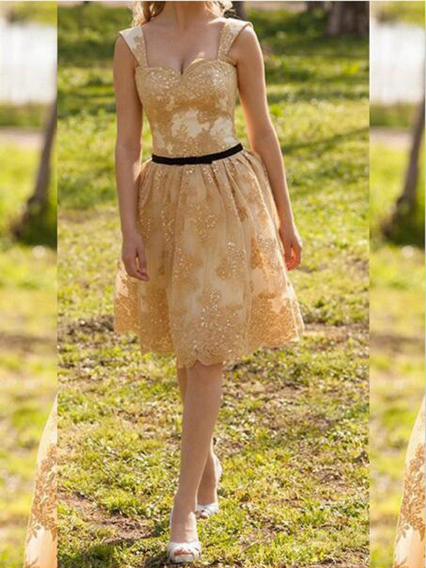 golden prom dresses A-line Straps Knee-length Tulle Homecoming Dress Short Prom dress Homecoming Dress BabaMila