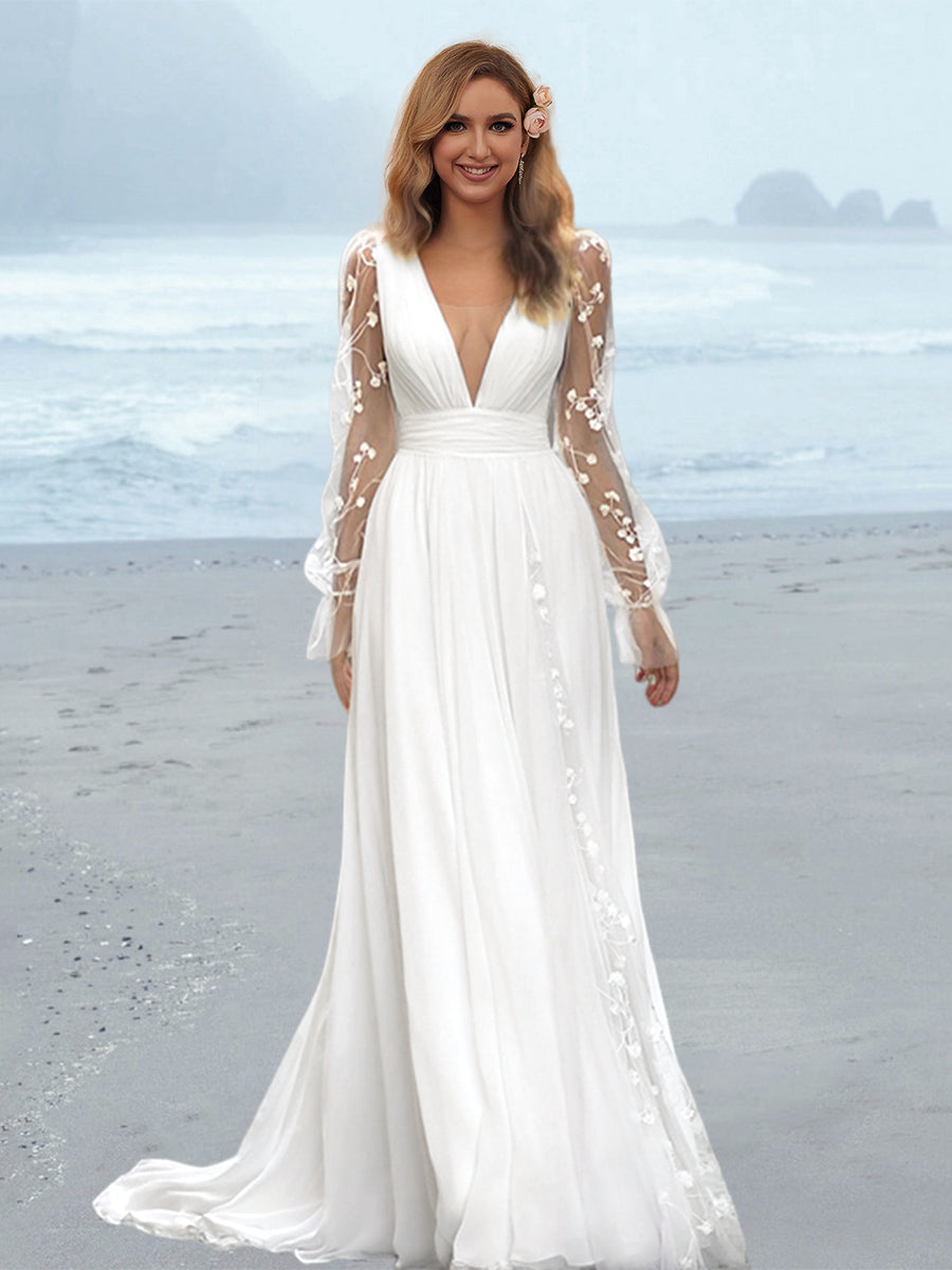 A-Line/Princess V-Neck Floor-length Wedding Dress With Split Side/Appliques BabaMila