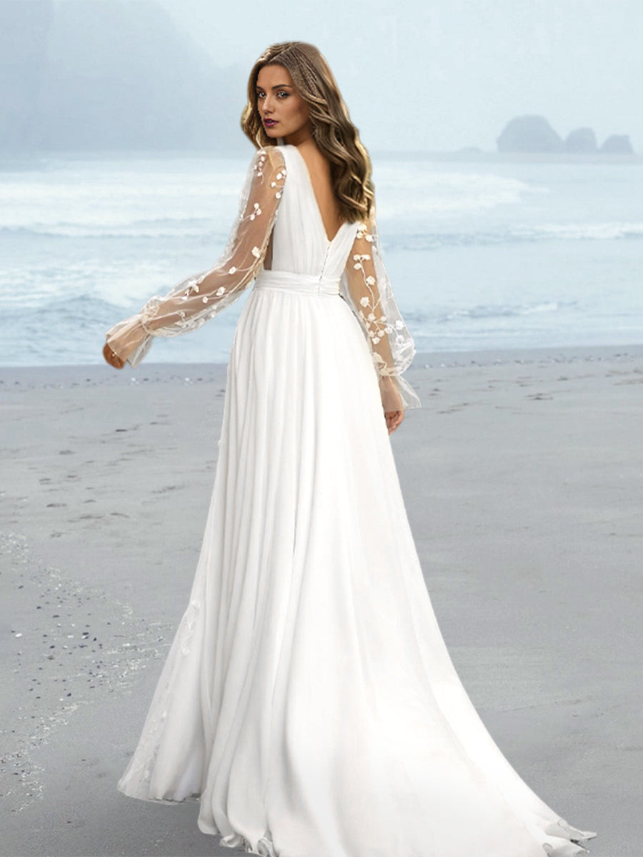 A-Line/Princess V-Neck Floor-length Wedding Dress With Split Side/Appliques BabaMila