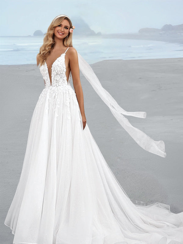 A-Line/Princess Tulle Spaghetti Straps Applique Floor-Length Wedding Dress BabaMila