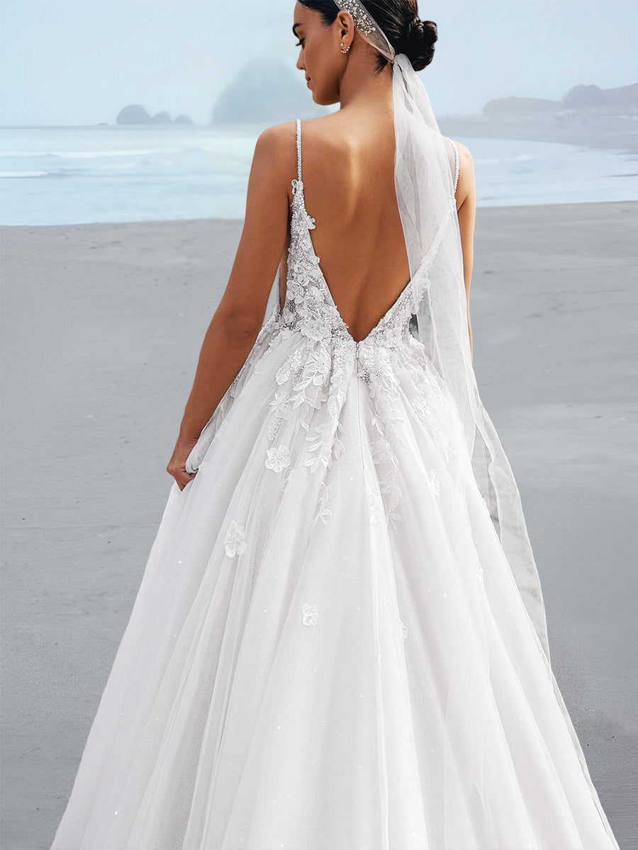 A-Line/Princess Tulle Spaghetti Straps Applique Floor-Length Wedding Dress BabaMila