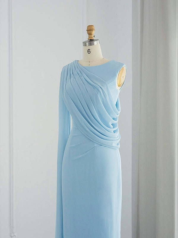 Sheath/Column Sweep/Brush Train Sleeveless Cowl Neck Prom Dress Chiffon with Feather/Ruched/Slit BabaMila