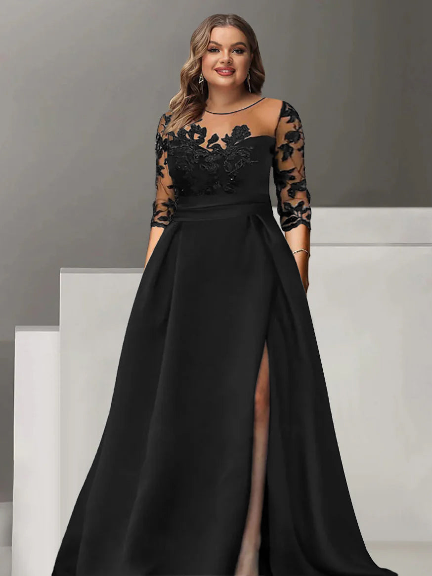 A-Line/Princess Sweetheart 3/4 Sleeves Floor-Length Plus Size Mother Of The Bride Dresses With Lace & Split Side BabaMila