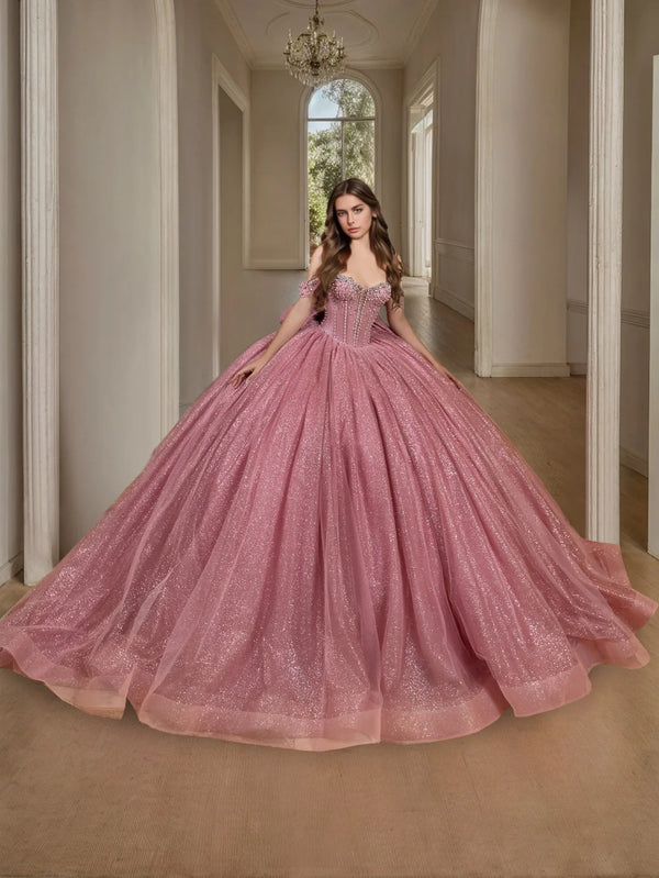 Ball Gown Off-the-Shoulder Sleeveless Floor-length Tulle Long Prom Dresses with Sequins