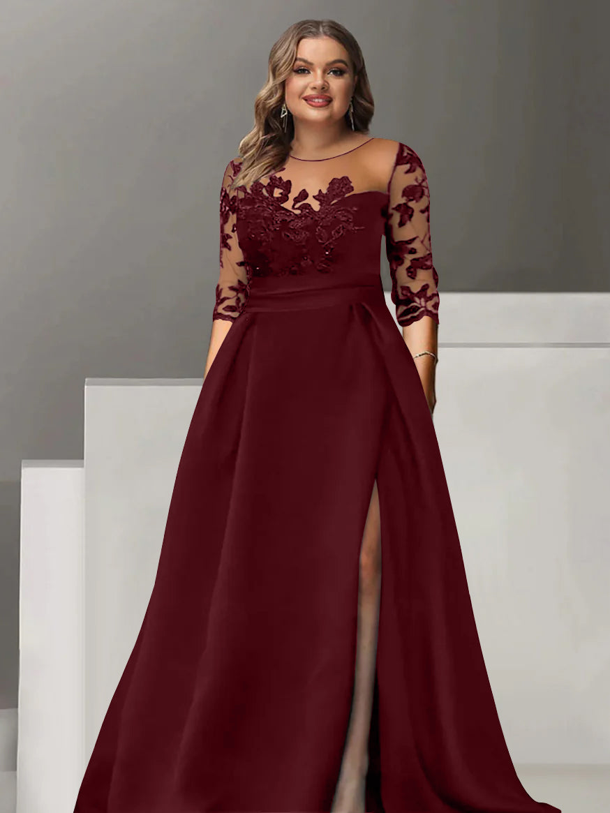 A-Line/Princess Sweetheart 3/4 Sleeves Floor-Length Plus Size Mother Of The Bride Dresses With Lace & Split Side BabaMila