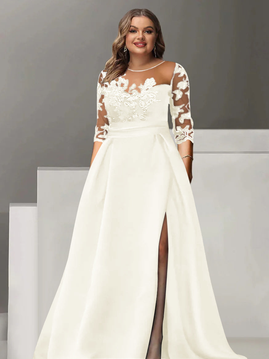 A-Line/Princess Sweetheart 3/4 Sleeves Floor-Length Plus Size Mother Of The Bride Dresses With Lace & Split Side BabaMila