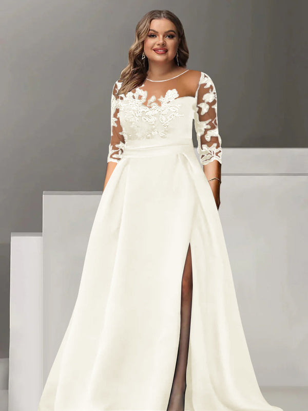 A-Line/Princess Sweetheart 3/4 Sleeves Floor-Length Plus Size Mother Of The Bride Dresses With Lace & Split Side BabaMila