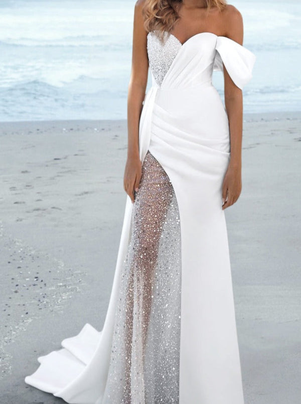 Sheath/Column Elastic Satin/Sequined Lace One-Shoulder Floor-Length Wedding Dress BabaMila