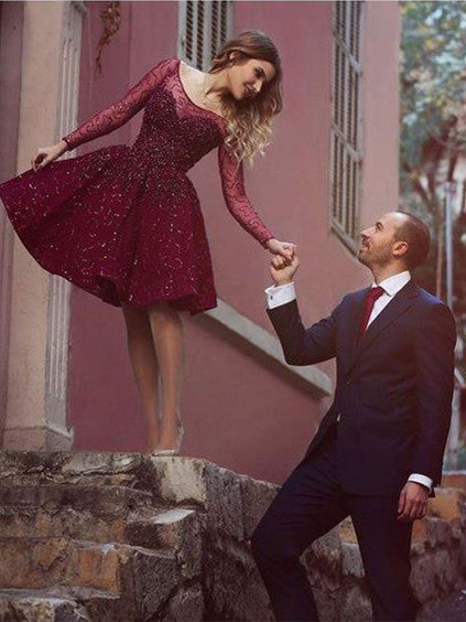 Homecoming Dress Bateau Appliques Long Sleeve Short Prom Dress Party Dress Homecoming Dress BabaMila