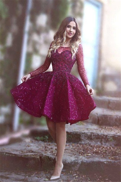 Homecoming Dress Bateau Appliques Long Sleeve Short Prom Dress Party Dress Homecoming Dress BabaMila