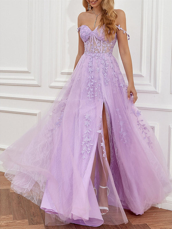 A-Line Sleeveless Sweetheart Tulle Backless Prom Dress with Beading/Slit/Appliques BabaMila