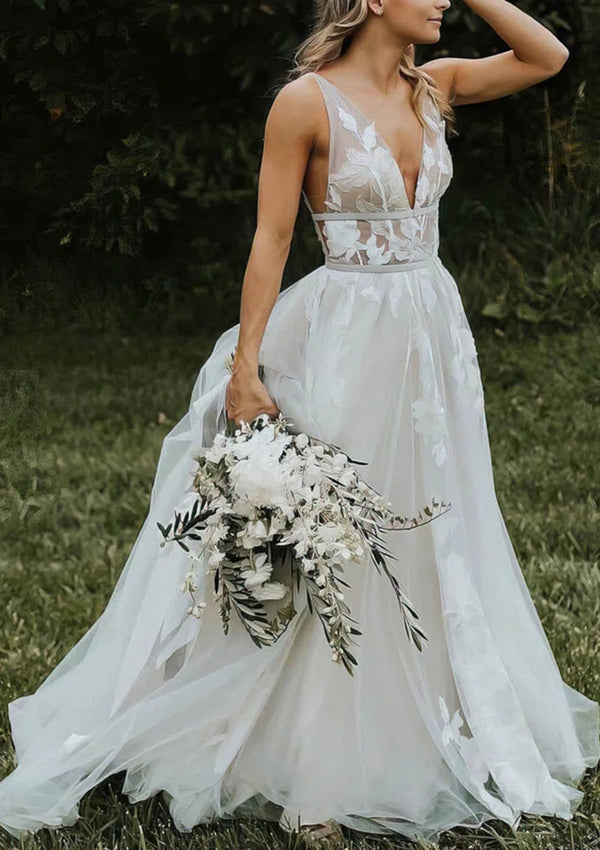 A-Line/Princess Tulle V-Neck Floor-length Appliques Wedding Dress BabaMila