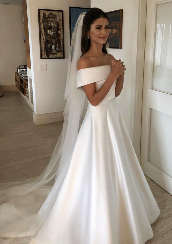 A-Line/Princess Satin Off-the-Shoulder Court Train Wedding Dress BabaMila