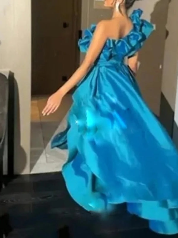 A-Line Floor Length Asymmetrical Sleeveless One Shoulder Prom Dress Satin with Cascading Ruffles/Slit BabaMila
