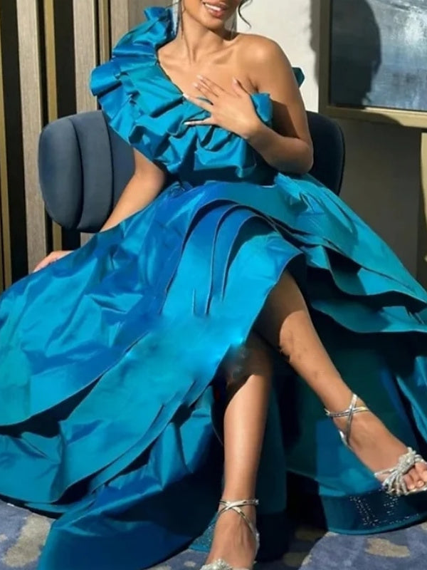 A-Line Floor Length Asymmetrical Sleeveless One Shoulder Prom Dress Satin with Cascading Ruffles/Slit BabaMila