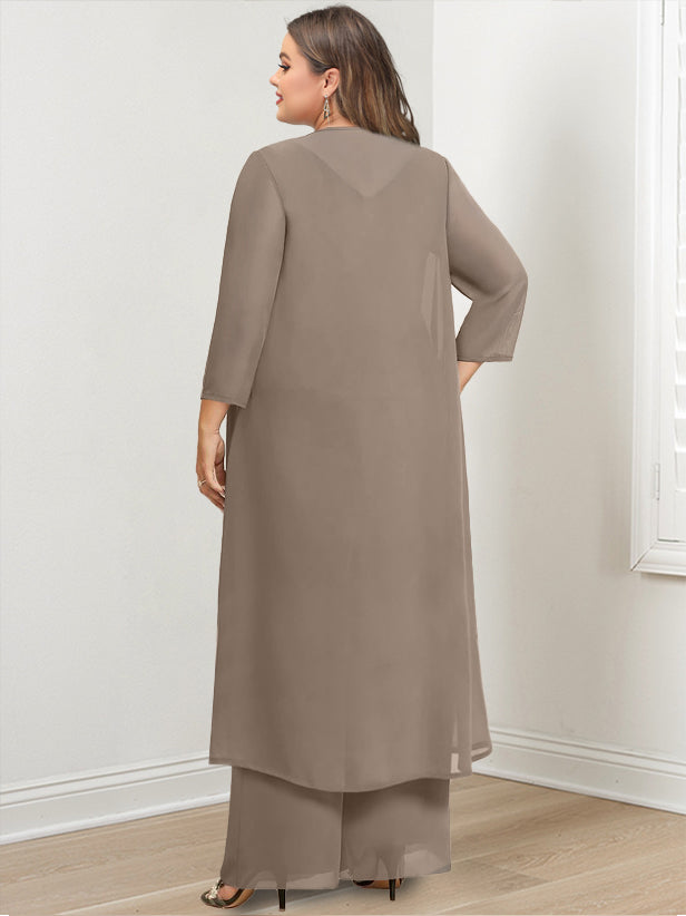 Chiffon Round Neck Floor-Length Plus Size Mother Of The Bride Pantsuits With Jacket & Applique BabaMila