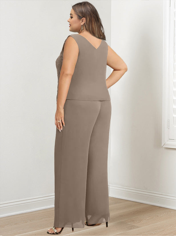 Chiffon Round Neck Floor-Length Plus Size Mother Of The Bride Pantsuits With Jacket & Applique BabaMila