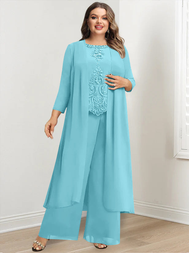 Chiffon Round Neck Floor-Length Plus Size Mother Of The Bride Pantsuits With Jacket & Applique BabaMila