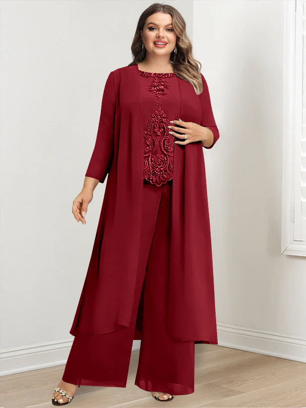 Chiffon Round Neck Floor-Length Plus Size Mother Of The Bride Pantsuits With Jacket & Applique BabaMila