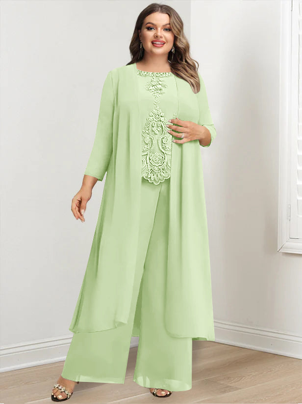 Chiffon Round Neck Floor-Length Plus Size Mother Of The Bride Pantsuits With Jacket & Applique BabaMila