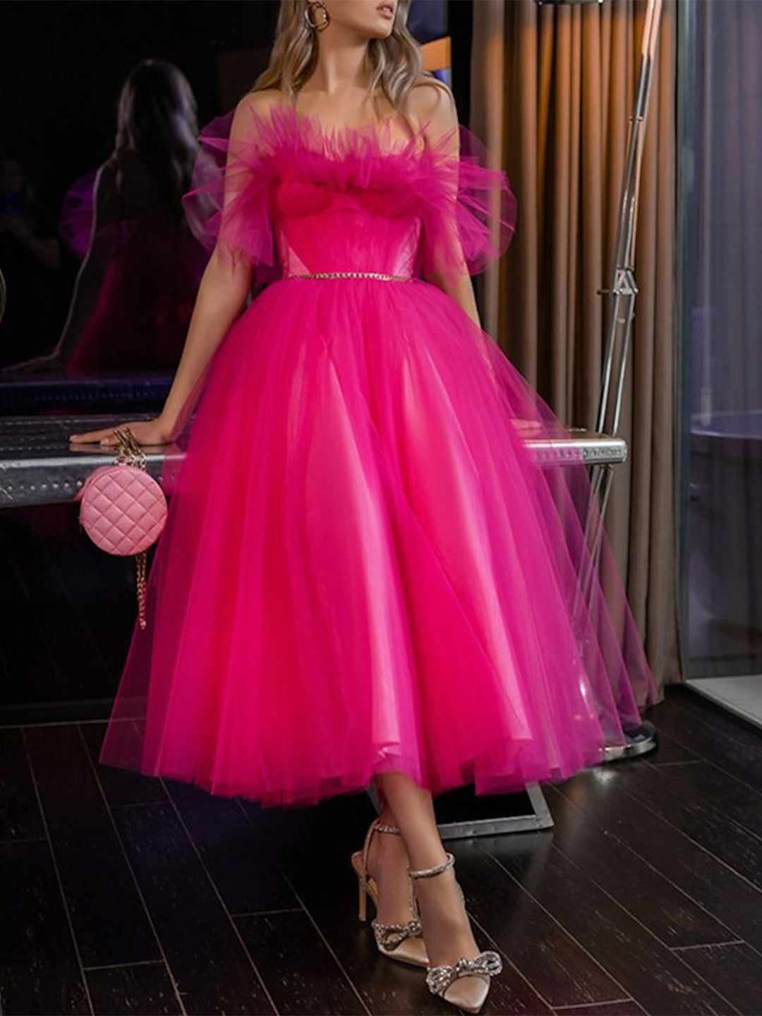 A-Line Tea Length Sleeveless Strapless Tulle Prom Dress Organza with Pleats BabaMila