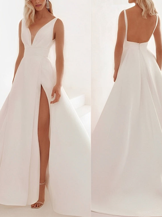 A-Line/Princess Satin V-Neck Floor-length Wedding Dress With Split Side BabaMila